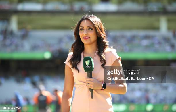 Isa Guha looks on during day one of the Third Test match in the series between Australia and India at Melbourne Cricket Ground on December 26, 2018...