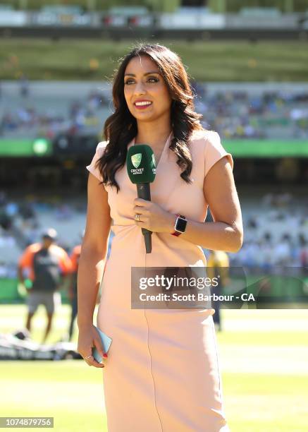 Isa Guha looks on during day one of the Third Test match in the series between Australia and India at Melbourne Cricket Ground on December 26, 2018...