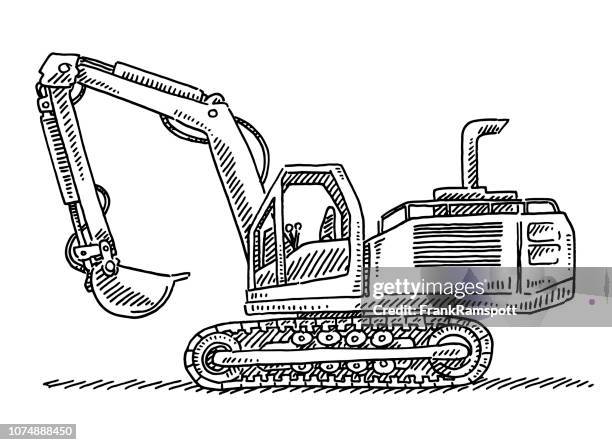 excavator vehicle drawing - digger vector line illustration stock illustrations