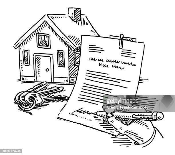 house keys signature contract drawing - holding pen in hand stock illustrations