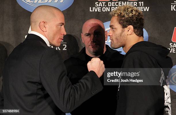 Georges St-Pierre and Josh Koscheck face off at the UFC 124 pre-fight press conference at the Bell Centre on December 9, 2010 in Montreal, Quebec,...