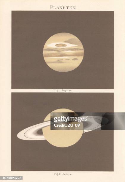 planets: jupiter and saturn, lithograph, published in 1897 - lithograph stock illustrations