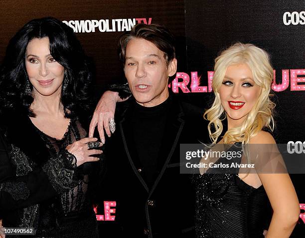 Cher, director Steven Antin and Christina Aguilera attend "Burlesque" premiere at Callao cinema on December 9, 2010 in Madrid, Spain.