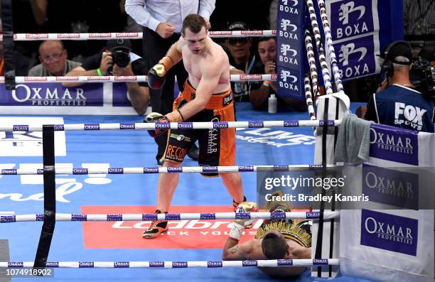 Jeff Horn knocks out Anthony Mundine in the first round during the River City Rumble between Jeff Horn and Anthony Mundine at Suncorp Stadium on...