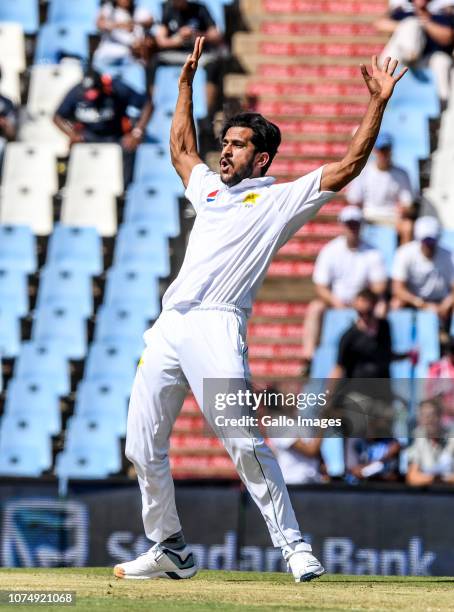 Hasan Ali of Pakistan celebrates after dismissing Aiden Markram of South Africa during day 1 of the 1st Castle Lager Test match between South Africa...