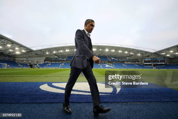Chris Hughton, Manager of Brighton & Hove Albion looks on prior to the Premier League match between Brighton & Hove Albion and Arsenal FC at American...