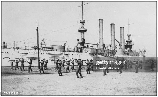 antique historical photographs from the us navy and army: rifle practice, battleship "brooklyn" - warship stock illustrations