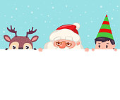 Santa Claus, reindeer and elf looking out of blank sign. Vector cartoon Christmas illustration with cute holiday characters isolated on background.