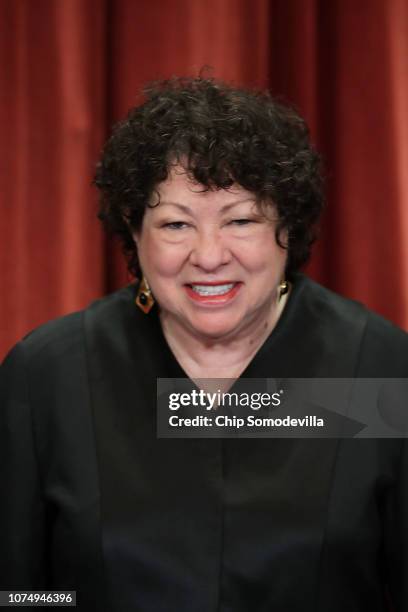 United States Supreme Court Associate Justice Sonia Sotomayor poses for the court's official portrait in the East Conference Room at the Supreme...