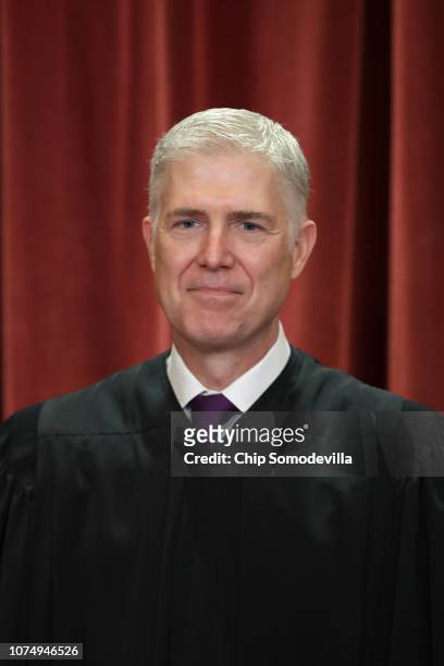 United States Supreme Court Associate Justice Neil Gorsuch poses for the court's official portrait in the East Conference Room at the Supreme Court...
