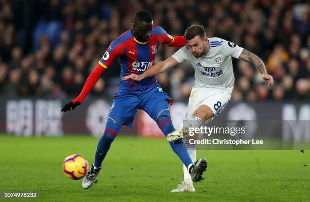 Joe Ralls of Cardiff City is challenged by Cheikhou Kouyate of Crystal Palace during the Premier League match between Crystal Palace and Cardiff City...