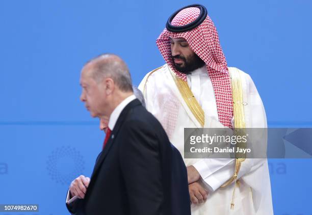Crown Prince of Saudi Arabia Mohammad bin Salman al-Saud and President of Turkey Recep Tayyip Erdogan during the family photo on the opening day of...
