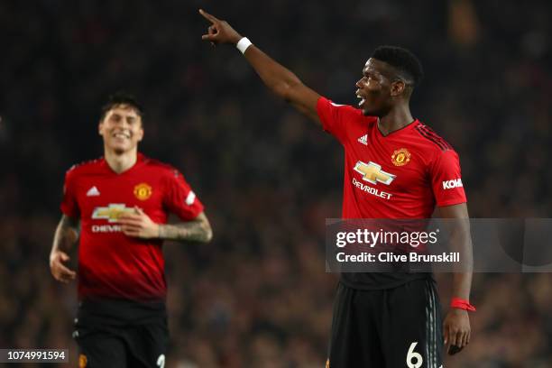 Paul Pogba of Manchester United celebrates after scoring his team's third goal during the Premier League match between Manchester United and...