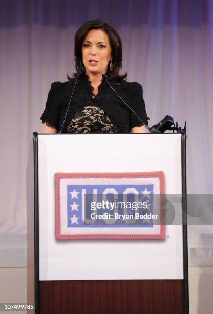 News Anchor Kyra Phillips speaks onstage at the 49th USO Armed Forces Gala & Gold Medal Dinner to Honor Military Heroes and Volunteers at 583 Park...