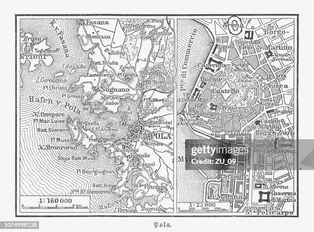 illustrazioni stock, clip art, cartoni animati e icone di tendenza di mappa storica della città di pola, contea di istria, croazia, xilografia, pubblicata nel 1897 - istria