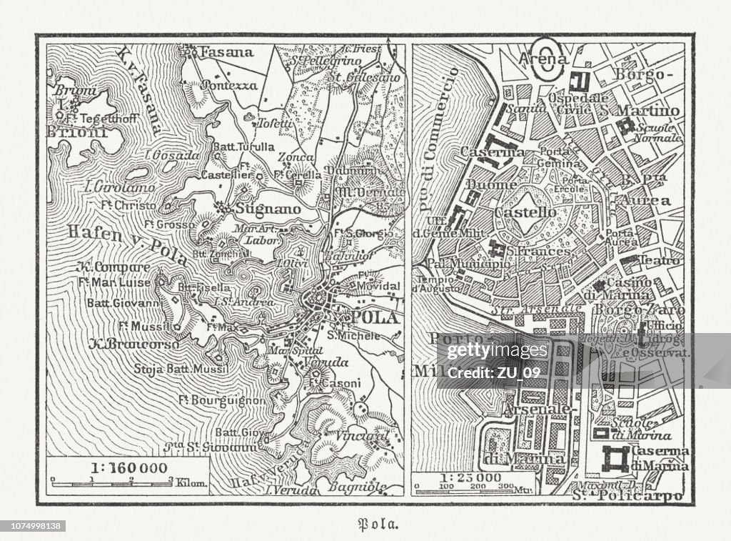 Historical city map of Pula, Istria County, Croatia, woodcut, published 1897