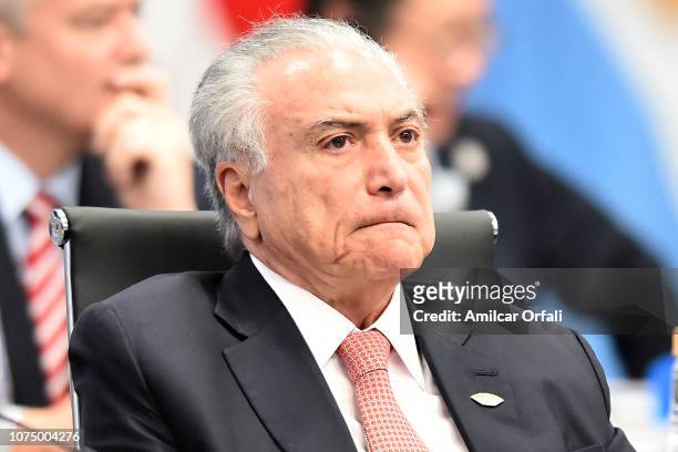 President of Brazil Michel Temer looks on during the plenary session on the opening day of Argentina G20 Leaders' Summit 2018 at Costa Salguero on...