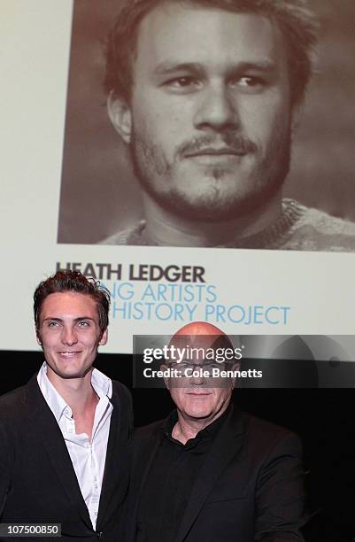 Father of the late Heath Ledger, Kim Ledger poses with Eamon Farren at the Launch of the Heath Ledger Young Artists' Project at the National Film and...