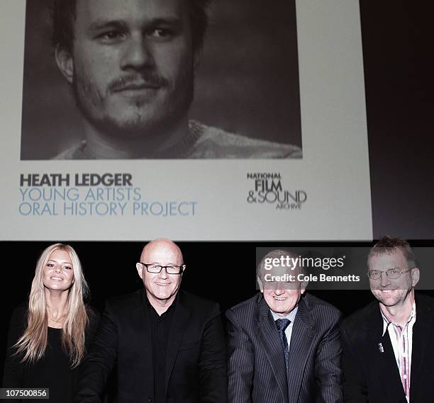 Samara Weaving, father of the late Heath Ledger, Kim Ledger , Hon. Simon Crean and Simon Weaving pose at the Launch of the Heath Ledger Young...