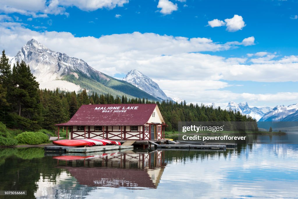 Boathouse at Maligne Lake in the Canadian Rocky Mountains of Jasper National Park, Alberta, Canada