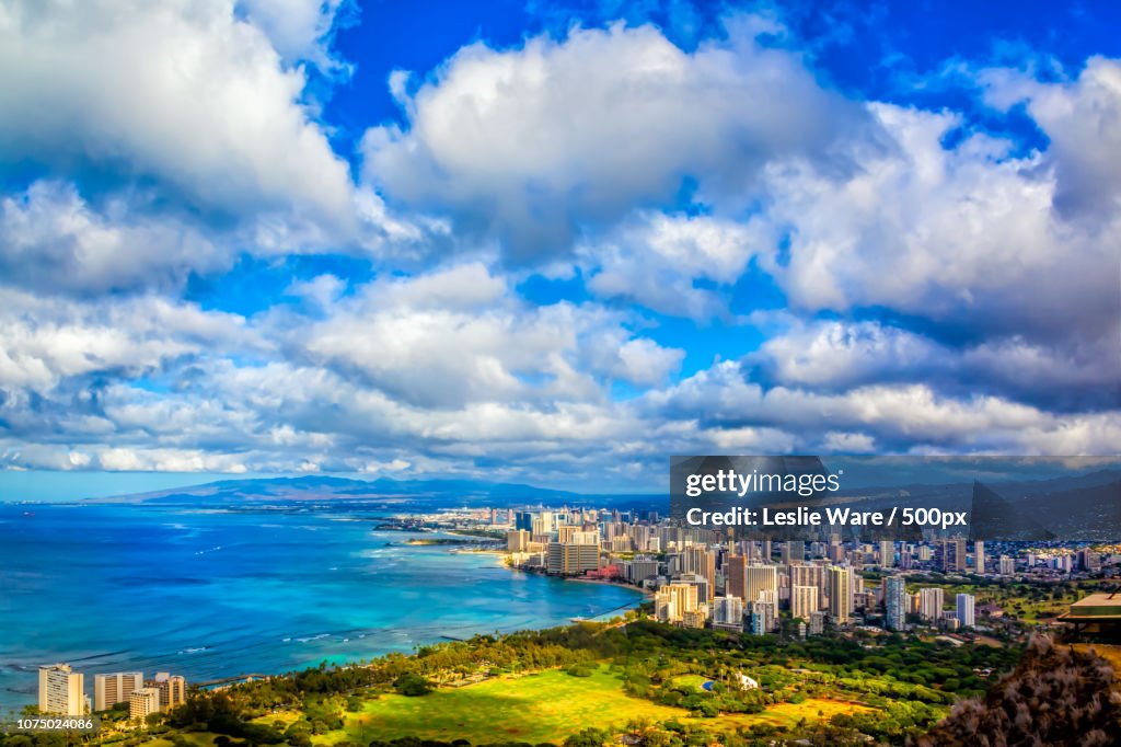 Honolulu Oahu viewed from the Rim of Diamond Head Crater, Oahu H