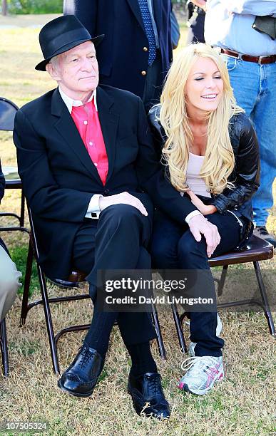 Playboy founder Hugh Hefner and model Crystal Harris attend an event celebrating the expansion of Griffith Park at Lake Hollywood Park on December 9,...
