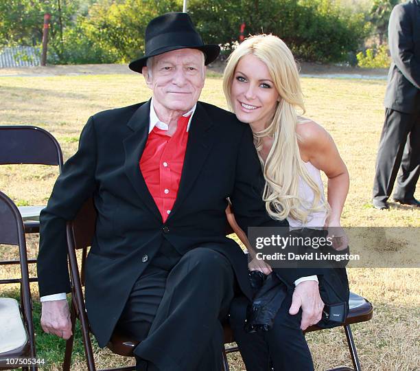 Playboy founder Hugh Hefner and model Crystal Harris attend an event celebrating the expansion of Griffith Park at Lake Hollywood Park on December 9,...