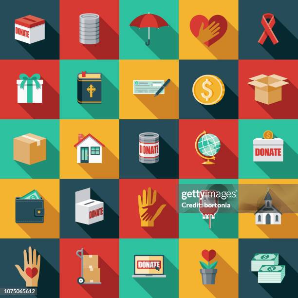 flat design charity & donation icon set - long shadow shadow stock illustrations