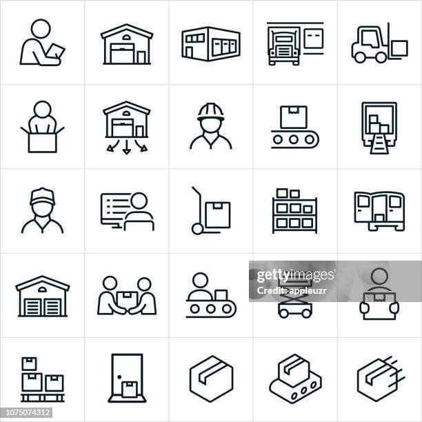 ilustraciones, imágenes clip art, dibujos animados e iconos de stock de iconos de almacén de distribución - almacén