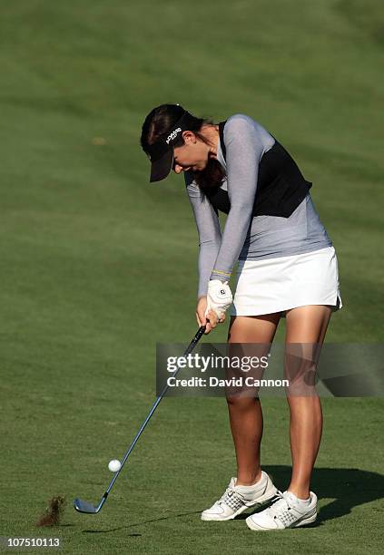 Carling Coffing of the USA who suffers from Diabetes and winner of the Golf Channel 'Big Break ' plays her second shot on the 14th hole during the...