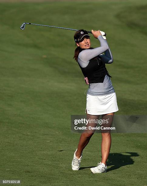 Carling Coffing of the USA who suffers from Diabetes and winner of the Golf Channel 'Big Break ' plays her second shot on the 14th hole during the...