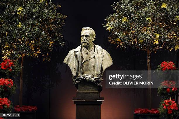 Statue of Alfred Nobel is pictured during the 2008 Nobel award ceremony at the concert hall in Stockholm on December 10, 2008. AFP PHOTO / OLIVIER...
