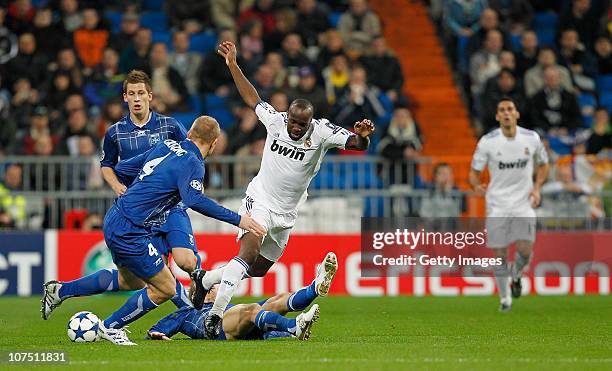 Lassana Diarra of Real Madrid during the Champions League group G match between Real Madrid and AJ Auxerre at Estadio Santiago Bernabeu on December...