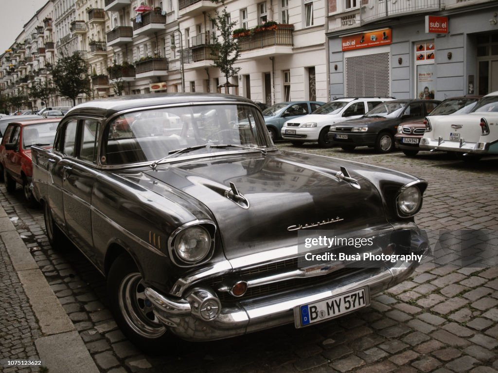 1957 black Chevrolet Biscayne Sedan in the streets of Friedrichshain, East Berlin. Berlin, Germany