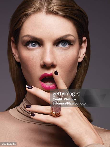 Model Angela Lindvall poses for a beauty and fashion shoot for Madame Figaro on July 24, 2010 in Paris, France. Published image. Figaro ID:...
