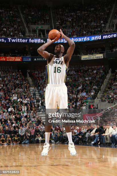Francisco Elson of the Utah Jazz shoots the ball during a game against the Miami Heat at EnergySolutions Arena on December 8, 2010 in Salt Lake City,...