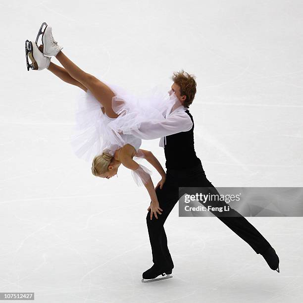 Evgenia Kosigina and Nikolai Moroshkin of Russia skate in the Junior Ice Dance Free Dance during ISU Grand Prix and Junior Grand Prix Final at...