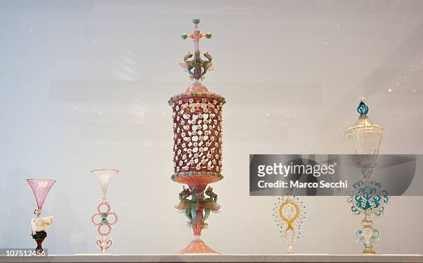 Collection of Murano glass from around mid 1800 is on display at the press preview of the exhibition "The Adventure of Glass" at Museo Correr on...