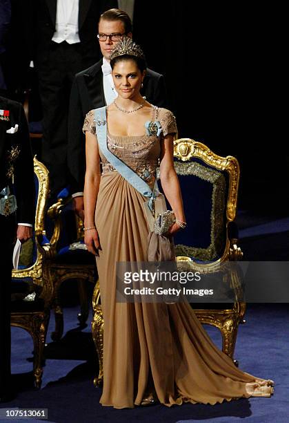 Crown Princess Victoria and Prince Daniel of Sweden attend the annual Nobel Prize Award Ceremony at The Concert Hall on December 10, 2010 in...