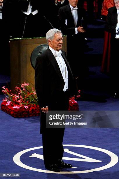 The Nobel Prize in Literature winner Mario Vargas Llosa of Peru waits to receive his award during the annual Nobel Prize Award Ceremony at The...