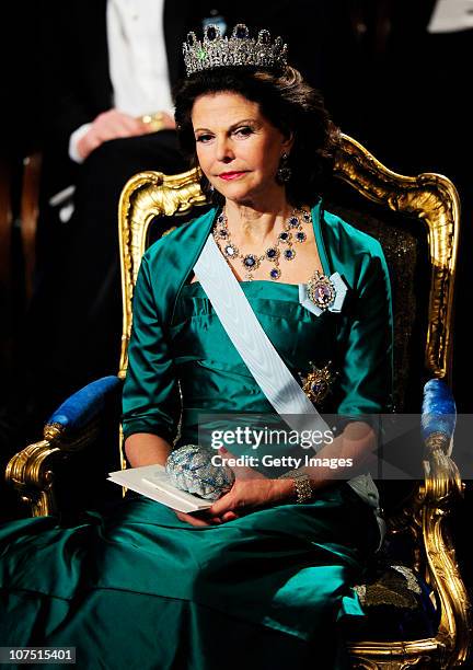 Queen Siliva of Sweden attends the annual Nobel Prize Award Ceremony at The Concert Hall on December 10, 2010 in Stockholm, Sweden. Dignitaries in...