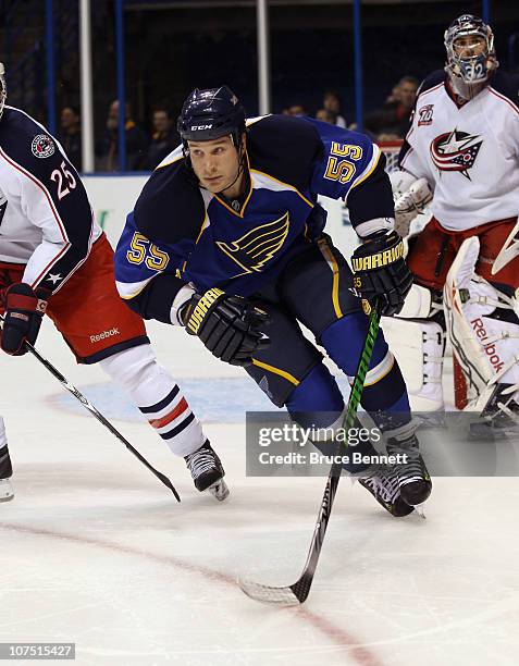 Cam Janssen of the St. Louis Blues skates against the Columbus Blue Jackets at the Scottrade Center on December 9, 2010 in St Louis, Missouri. The...