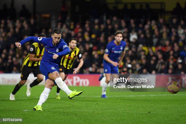 Eden Hazard of Chelsea scores his team's second goal from the penalty spot during the Premier League match between Watford FC and Chelsea FC at...