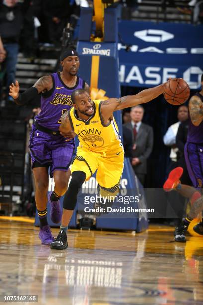 Andre Iguodala of the Golden State Warriors handles the ball against the Los Angeles Lakers on December 25, 2018 at ORACLE Arena in Oakland,...