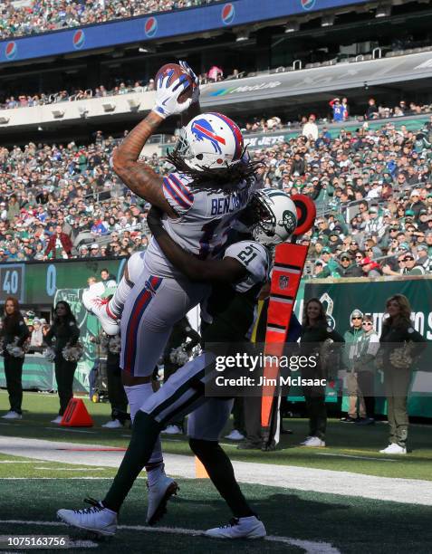 Kelvin Benjamin of the Buffalo Bills in action against Morris Claiborne of the New York Jets on November 11, 2018 at MetLife Stadium in East...