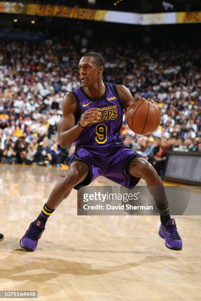 Rajon Rondo of the Los Angeles Lakers handles the ball against the Golden State Warriors on December 25, 2018 at ORACLE Arena in Oakland, California....