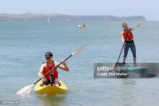 Amanda Anisimova of the USA and Lauren Davis of the USA kayak at Mission Bay ahead of the 2019 ASB Classic, on December 27, 2018 in Auckland, New...