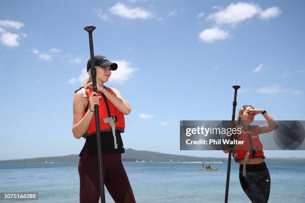 Amanda Anisimova of the USA and Lauren Davis of the USA kayak at Mission Bay ahead of the 2019 ASB Classic, on December 27, 2018 in Auckland, New...