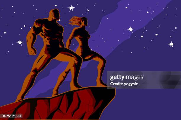 vector couple silhouette at night - superhero shadow vector stock illustrations