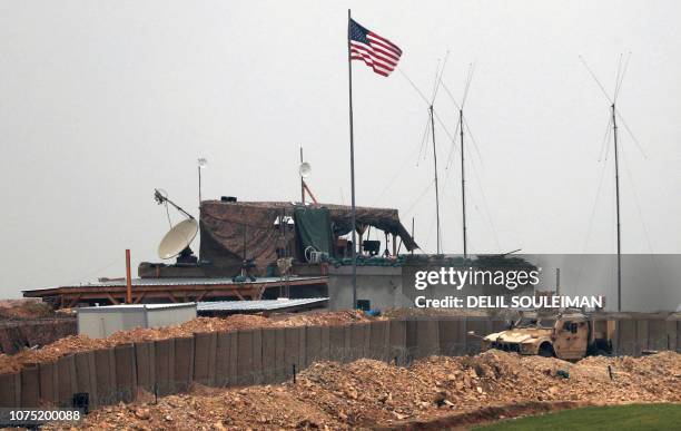 Forces' vehicles and structures are seen on the outskirts of the northern Syrian town of Manbij in the village of Dadat, on the demarcation line...